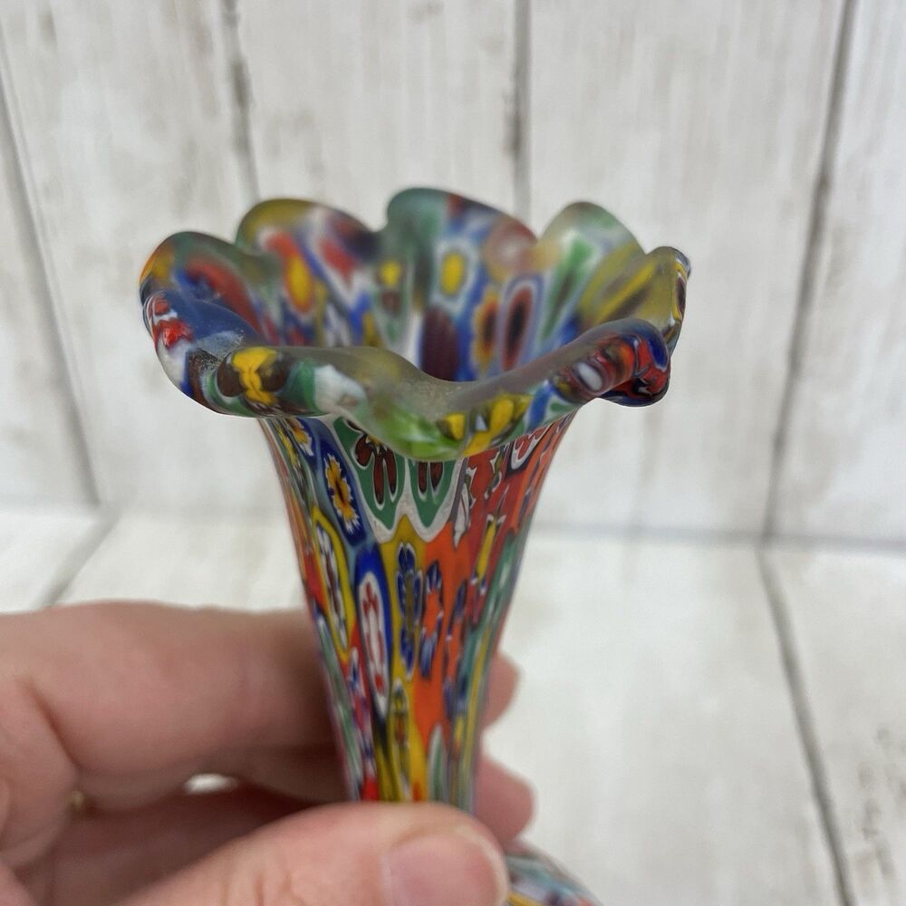 Vintage Fratelli Toso Murano Millefiori Murrine Cane Vase 6.75” - Picture 9 of 13